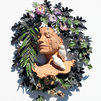 Donna Selva - terracotta policroma invetriata e ghirlanda floreale in lamiera - cm 53x65x13
